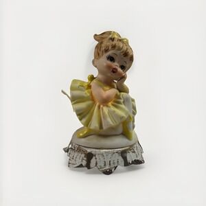 Vtg Rustic Cottage Porcelain Ballerina Night Light Yellow Dress Metal Stand Plug
